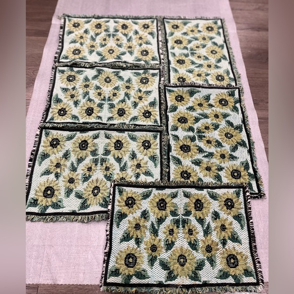 Set of 6 Vintage Sunflowers Woven Tapestry Placemats Green Yellow fringed - Picture 1 of 6